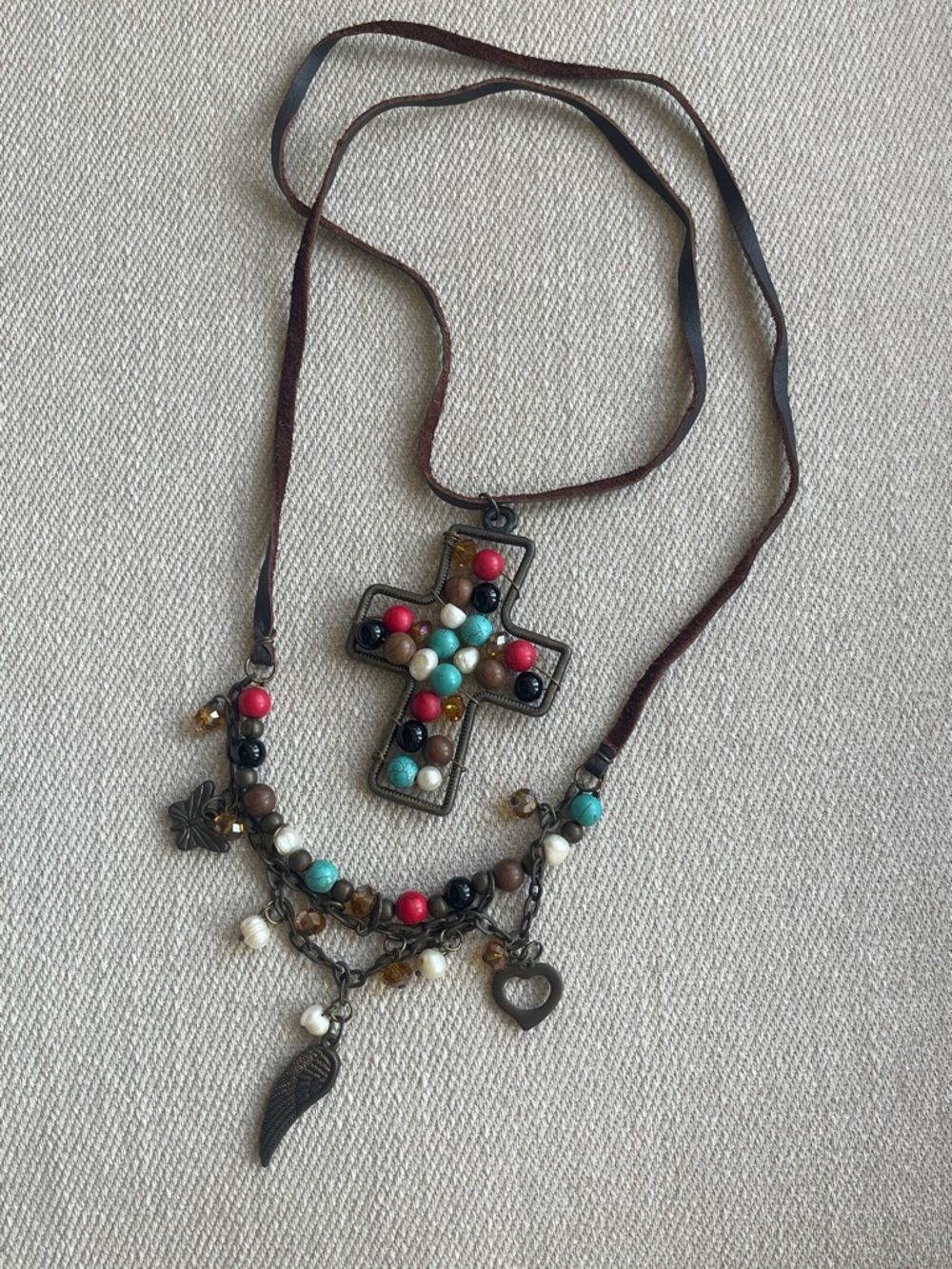 Hand-Crafted Beaded Cross Wrap Necklace | Genuine Leather Cord | Mexico Boutique